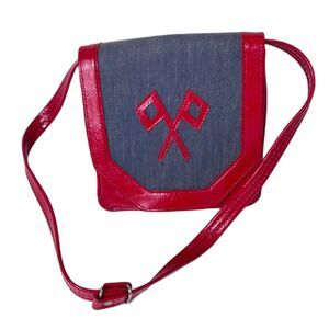 VTG 70s John Wind Blue Denim Red Faux Patent Leather Flap Flag Shoulder Bag